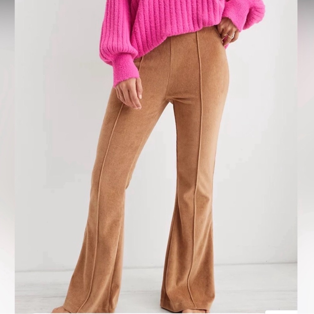 Aerie Ribbed Groove On Corduroy Flare Pants Camel Brown Size L Cozy Lounge